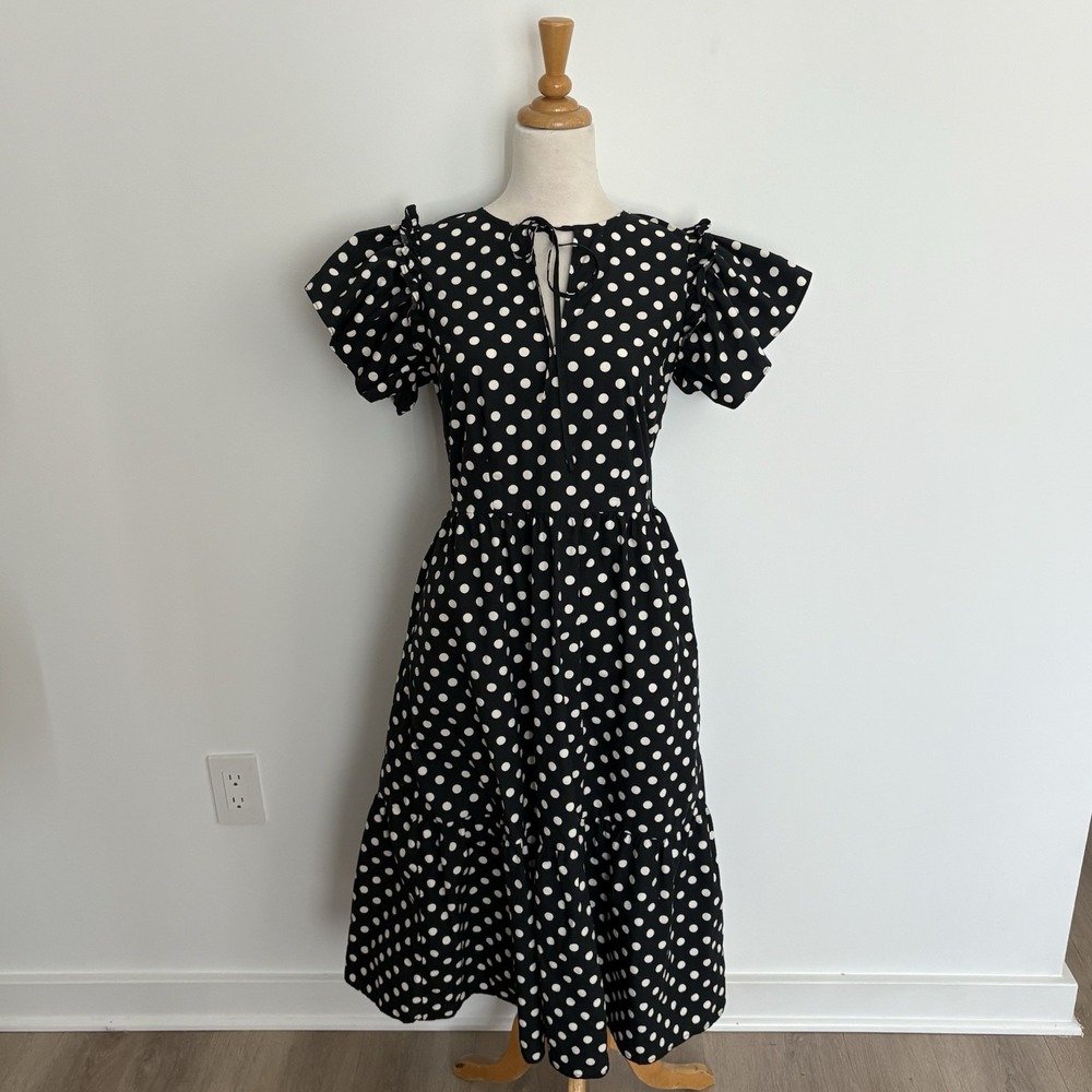 Who What Wear Womens Dress XS Polka Dot Black Cream Puff Sleeves 100% Cotton